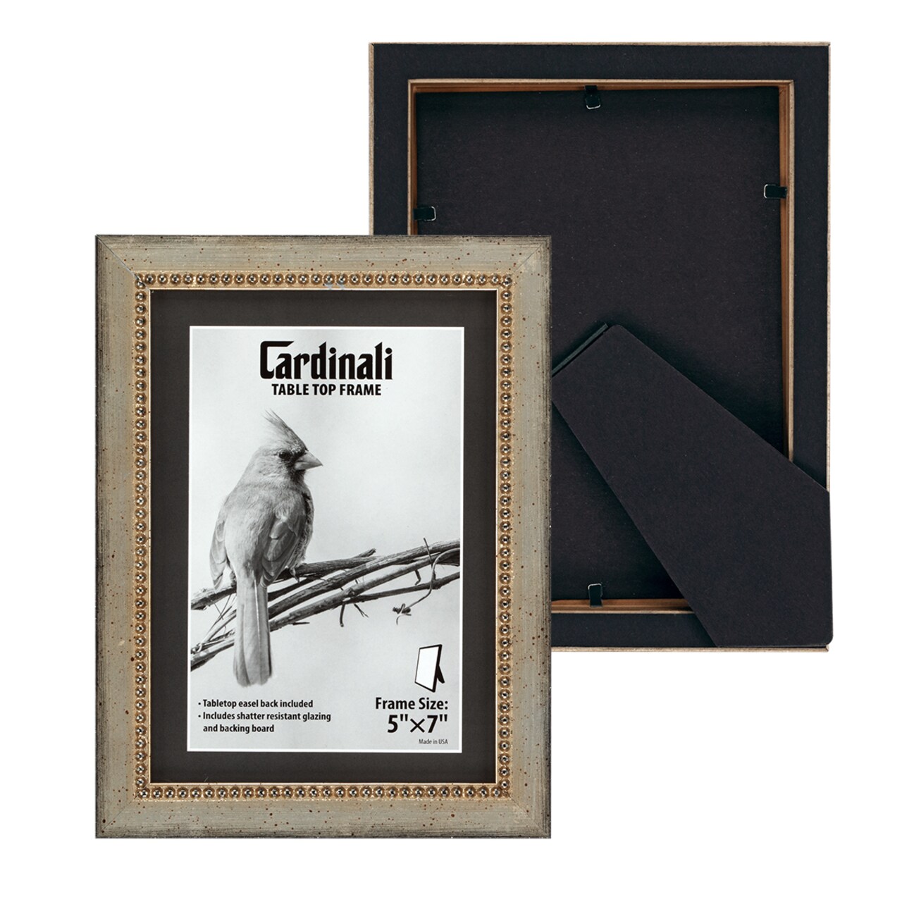 Cardinali Winston Tabletop Frame, 5x7" Silver Beaded Picture Frame for Desk & Mantel Decor, Hand Finished Beaded Border, Easel Back, Shatter-Resistant Acrylic Glazing, Made in the USA